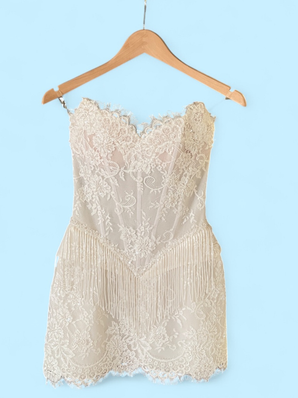 Sienna - Strapless White Lace & Fringe Corset Mini Dress - Picture 3 of 5